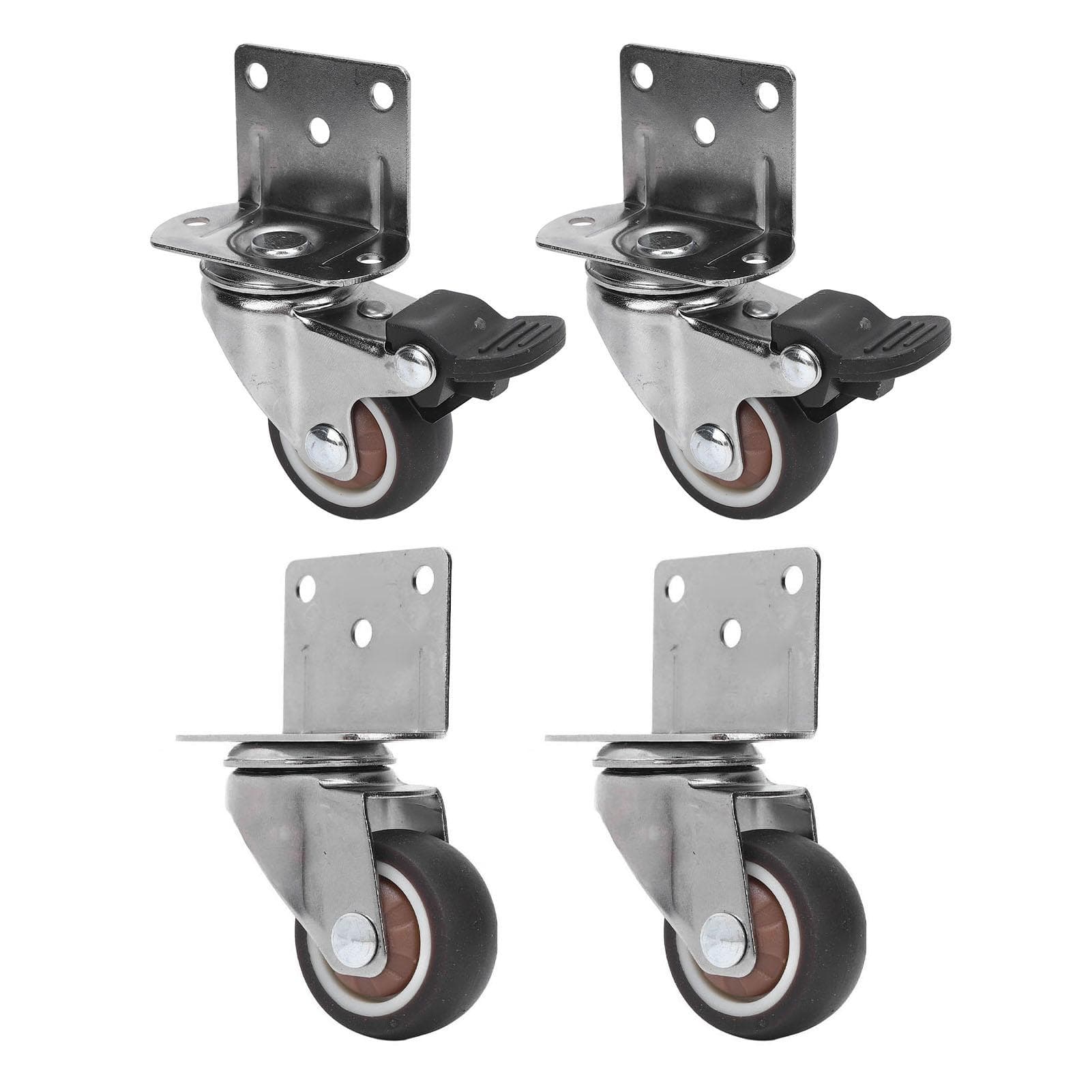 Side Mount Casters Set of 4 Heavy Duty 1.5in L Shape TPR Plate Wheels 2pcs with Brake 2pcs Without