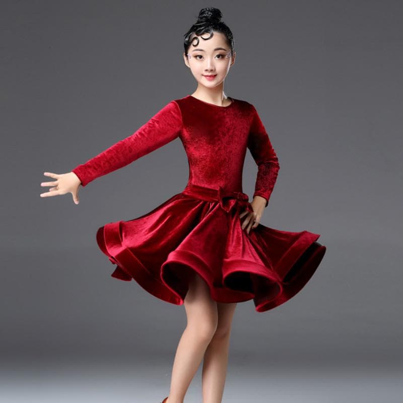Girls Velvet Latin Salsa Dance Dress Gymnastics Dancewear Ballroom Dancing Costume 160 burgundy