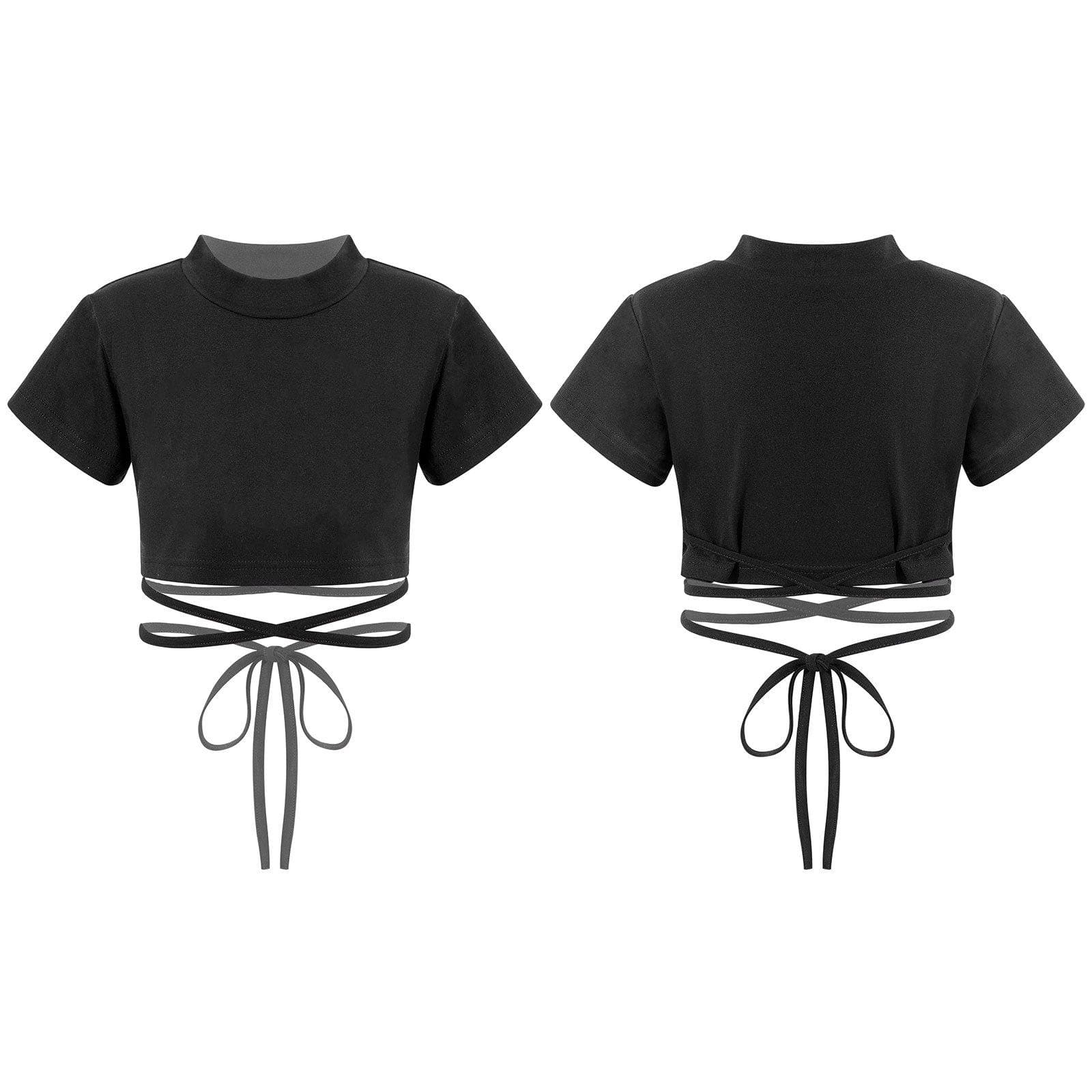 Kids Girls Short Sleeve Mock Neck Athletic Sports Crop Top Strappy Waist Jazz Dance Top T-Shirts 11-12 Years black