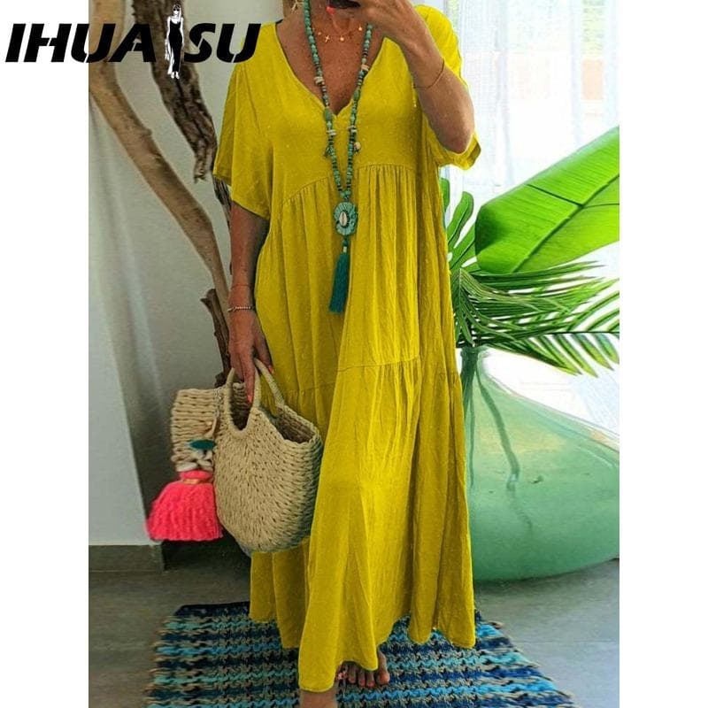 IHUASU Women Summer Fashion Solid V-Neck Plus Size Dress Loose Long Oversized Casual Short Sleeve Dress XXL yellow