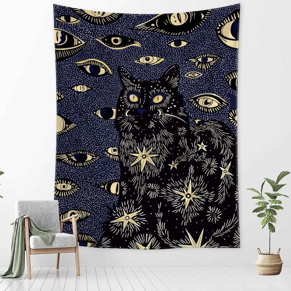 Black Scary Eyes Cat Tapestry Wall Hanging Abstract Psychedelic Witchcraft Bohemian Dormitory Living Room Home Decor 95x70CM