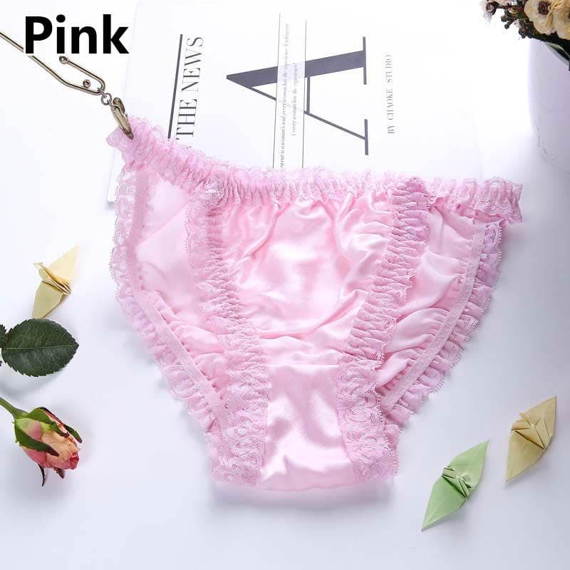 Women Underwear Soft Silk Satin Silk Panties Lingerie Lace Knickers G-String Summer Briefs XL pink