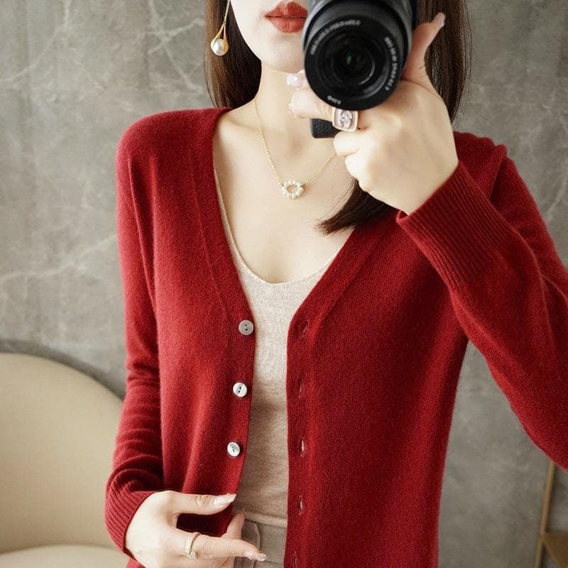 Spring and Autumn Women's Cardigan Jacket V-neck Knitted Cardigan Short Loose Peplum Sweater Thread Sweater XL burgundy