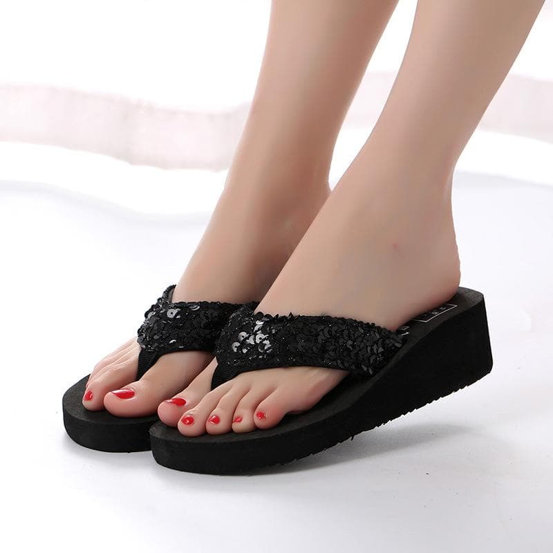 Women'S Bling Flip Flops Beach Summer Rhinestones Flip Casual Wedges Thong Sandals Shoes Fashion Slippers For Women Dressy 36 black