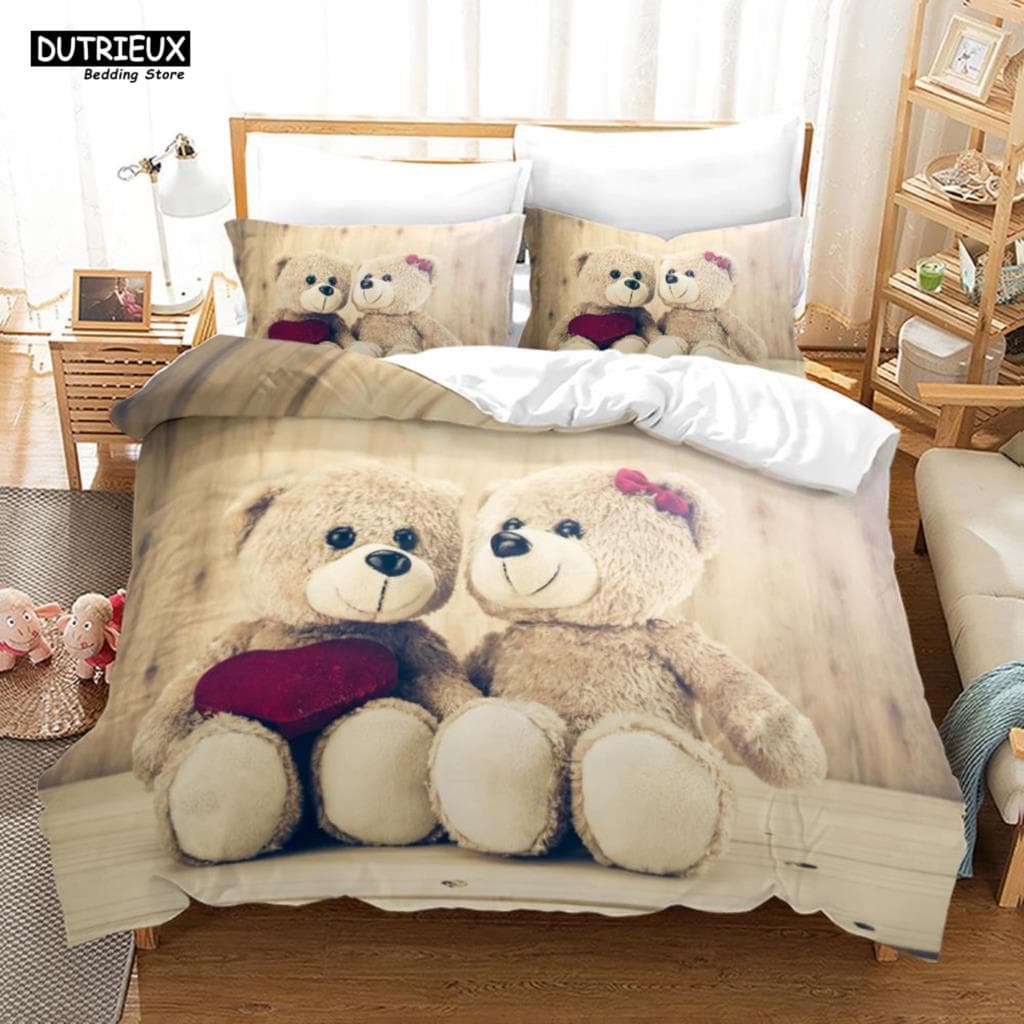 3D Teddy Bear Bedding Set White Polar Bear Bed Linen Teens Women Single Twin Queen King Full Size Duvet Cover 2/3pcs Bedclothes EU King(240x220cm)