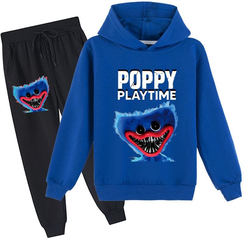 Kids 3D hoodie set Huggy Wuggy pullover tracksuit Poppy Playtime Children Sweater+ Pants 140cm ultramarine blue