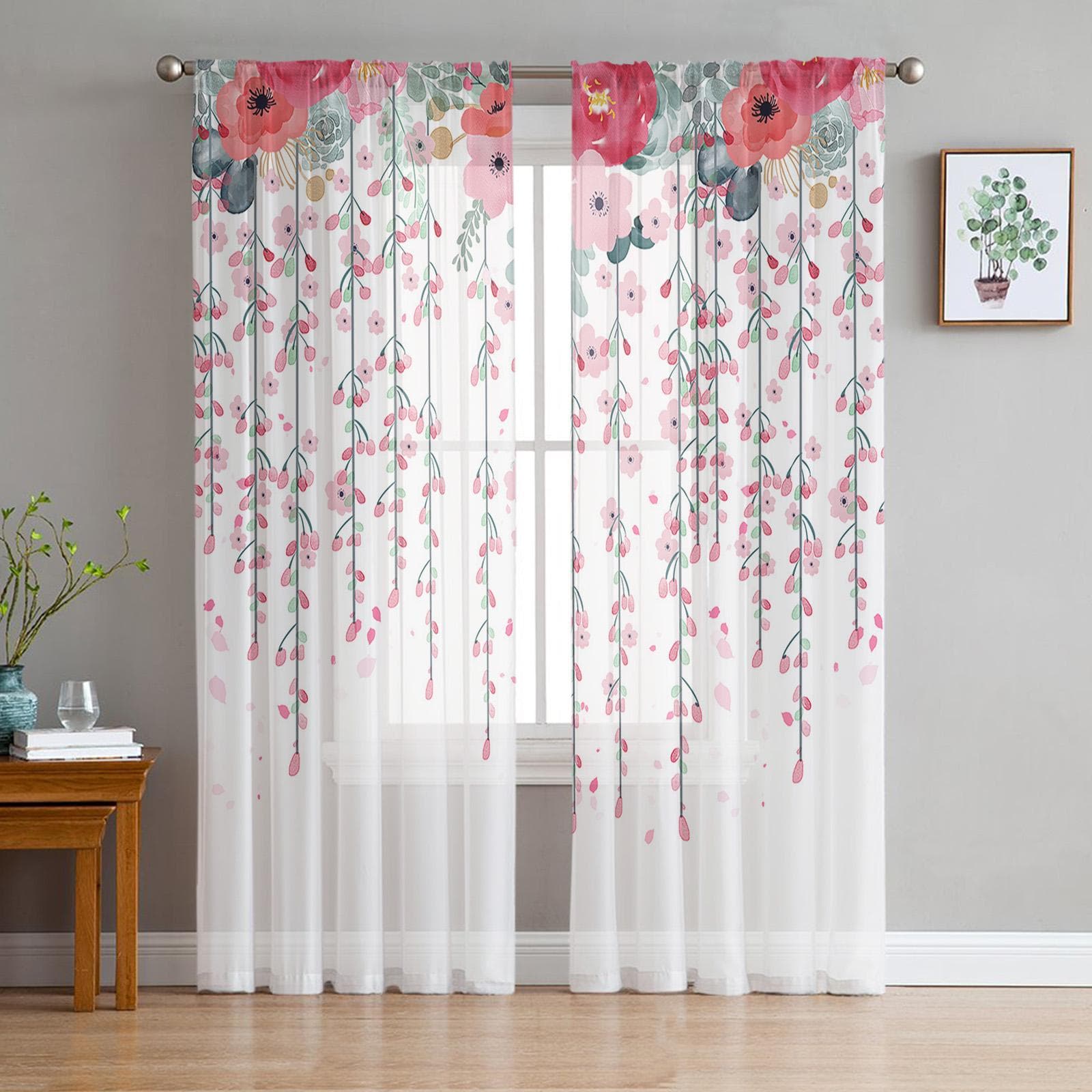 Plant And Flower Illustration In Red And Pink Sheer Window Curtain Tulle Curtains for Livingroom Bedroom Home Decor Voile Drapes 135W x 114H(cm)