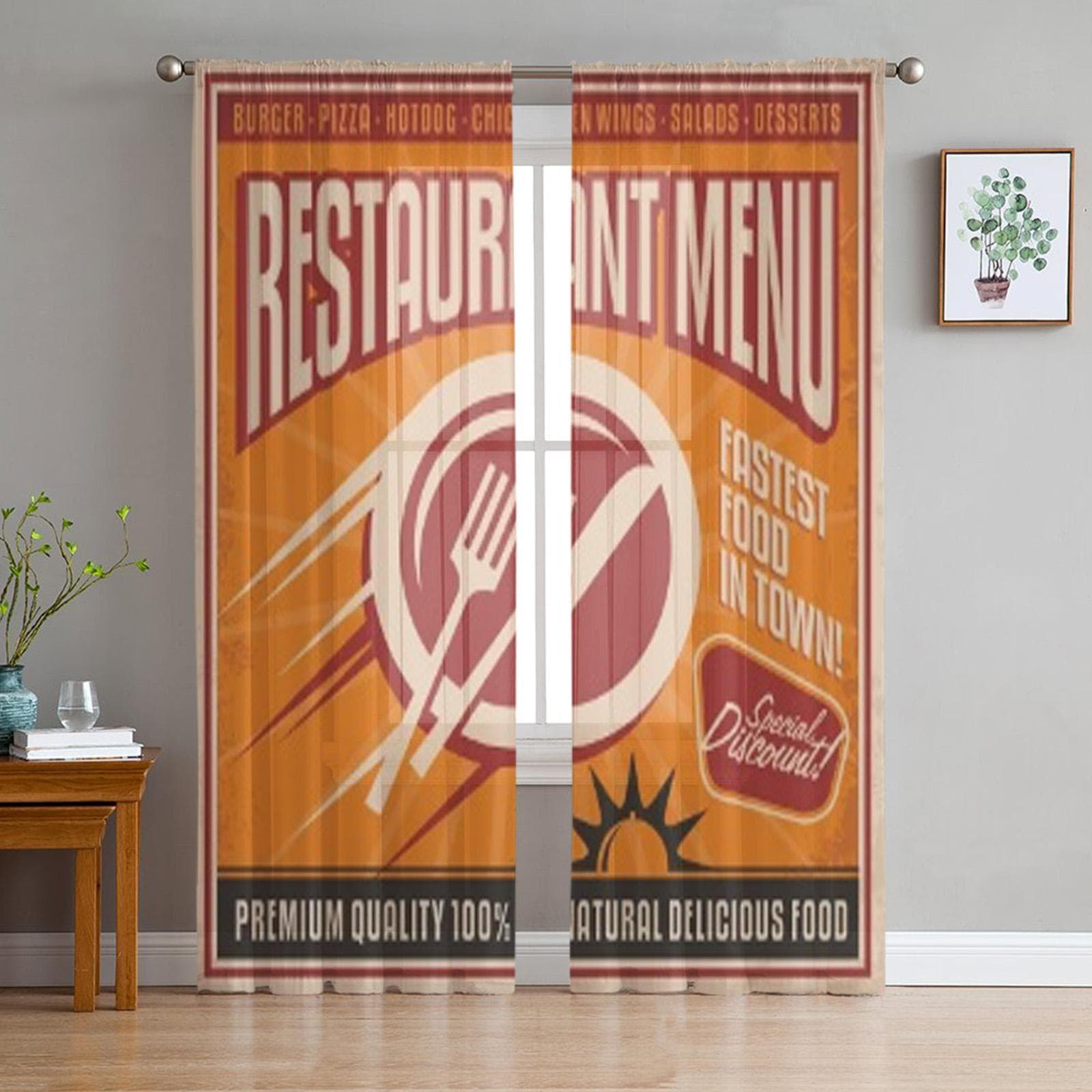 Retro Poster Template For Fast Food Restaurant Chiffon Sheer Curtains for Living Room Bedroom Window Voiles Tulle Curtain 135W x 114H(cm)