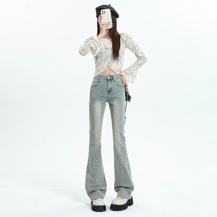 Heavy Industry Washing Micro-flare Jeans for Women with High Waist Elastic Slim Bell-bottom Pants for Women with Autumn Floor Mopping Trousers 2XL