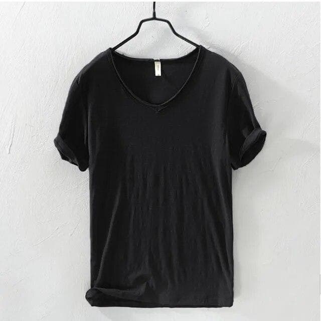 New Slim Fit Slub Cotton Pure Color V Collar Short Sleeved Tops Tees Men T-Shirt Multi-color Man T-Shirts Fitness EU XXL 80-95kg black