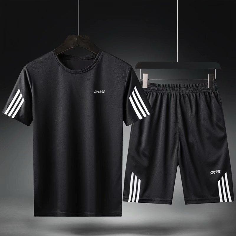 Casual Suit Sweatpants Summer Solid Stripe Tracksuit Two Piece T-shirts+Shorts Mens Sportswear Jogger Slim Fit Sportsuit 2XL black