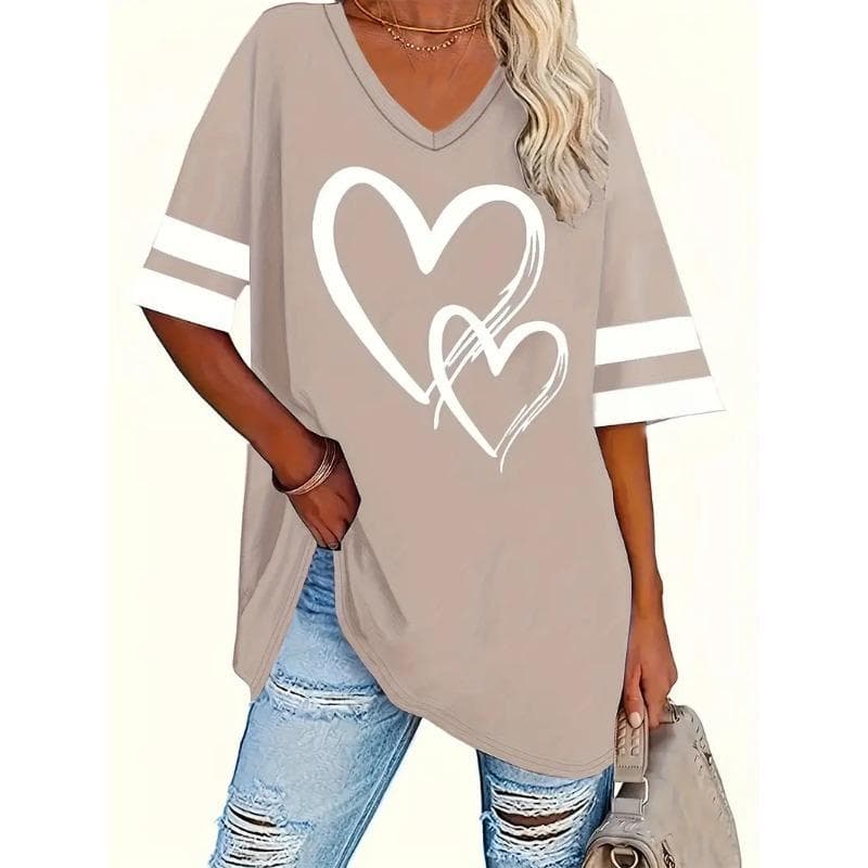 Plus Size Heart Print T-Shirt Casual Crew Neck Short Sleeve T-Shirt Women's Plus Size Clothing L