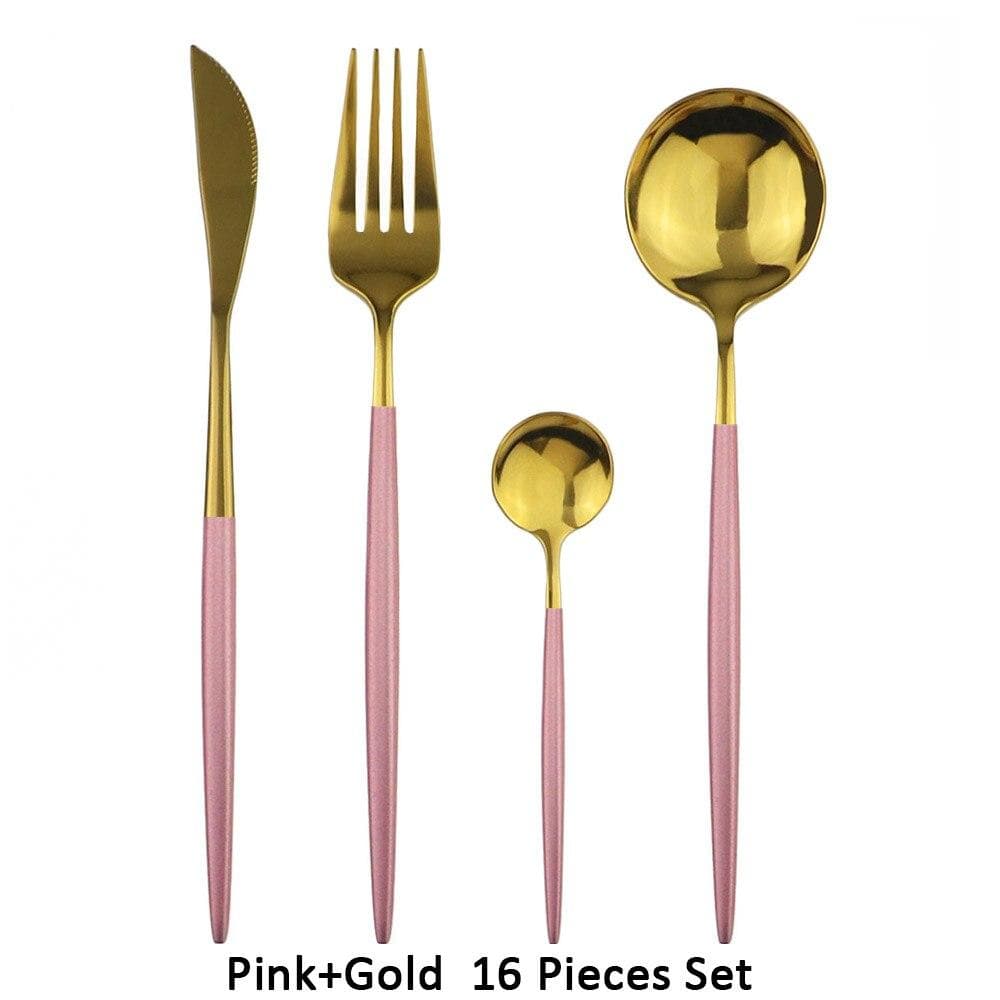 16Pcs Black Cutlery Set 18/0 Stainless Steel Dinnerware Set Kitchen Gold Tableware Set Knife Fork Spoon Flatware 16pcs pink/gold
