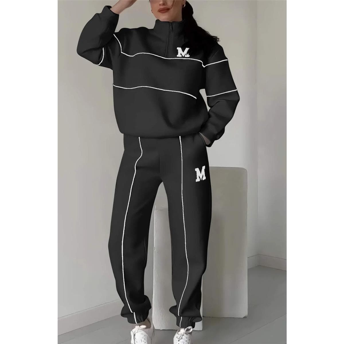 Women's sets sports casual long-sleeved zipper stand collar sweatshirt and trousers two-piece set M black
