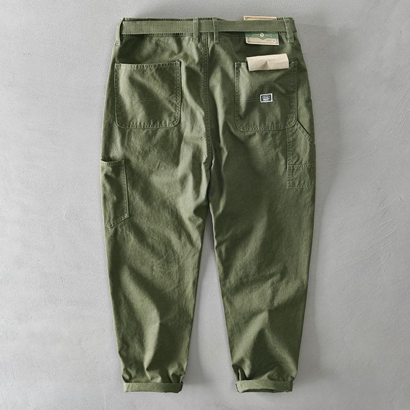 Autumn Winter Pure Cotton Men Cargo Pants Korean Style Male Casual Loose Belt Mid Waist Slim Fit Pencil Trouser 34 green