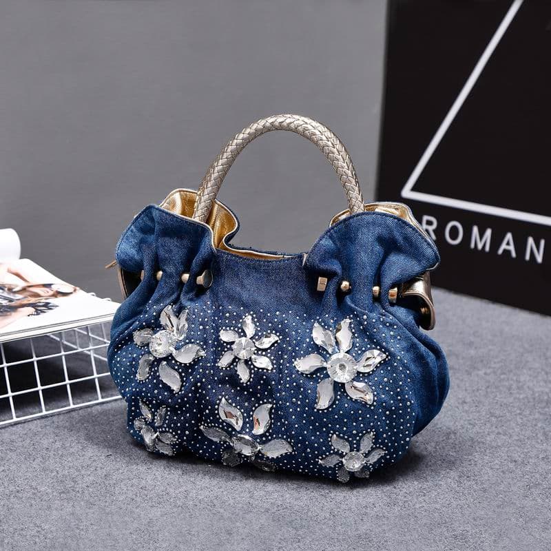 Women Denim Bags Sweet Blue Pattern High Quality Handbags with Diamond Ladies Tote Bag Messenger Bags gold