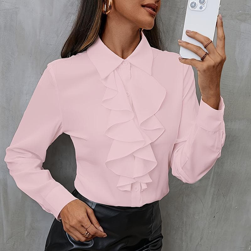 YYFS Women's Fashion Casual Spring Autumn Solid Color Print Long Sleeve POLO Neck Blouses & Shirts XXL pink