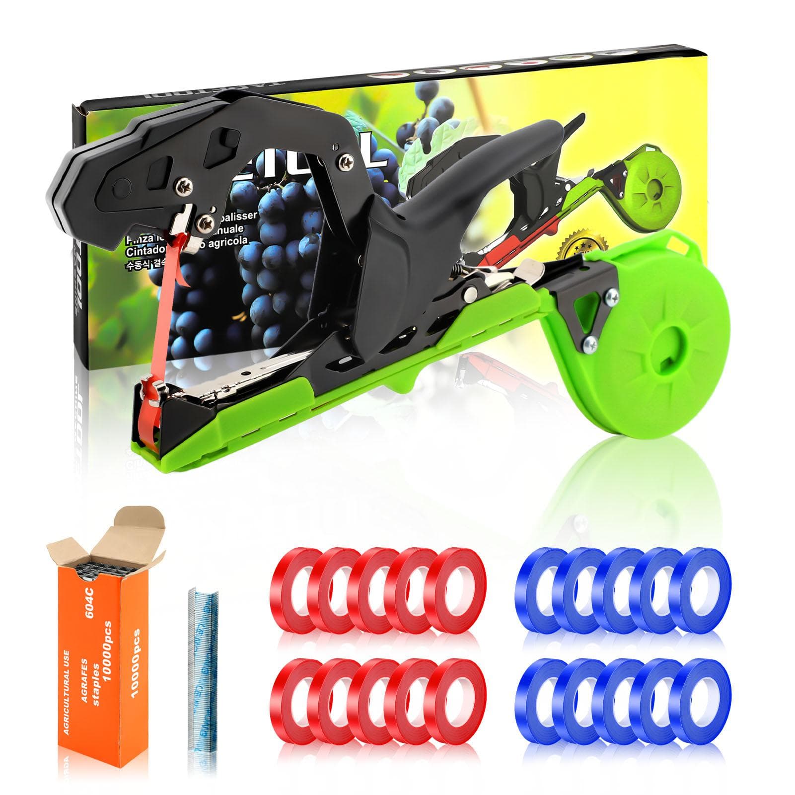Plant Tying Machine Garden Tomatoes Grapes Cucumbers Tying Tape Tool with Tapes and Staple Green red