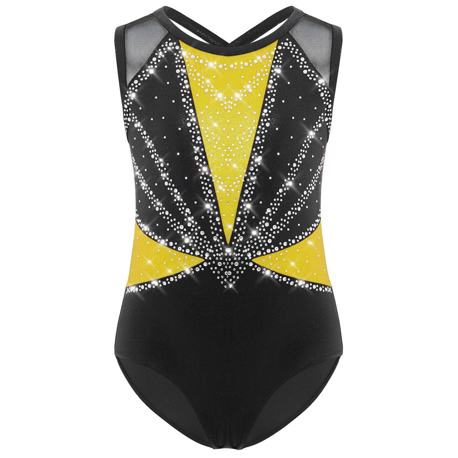 Kids Girls Crisscross Back Leotard Sleeveless Round Neck Shiny Rhinestones Metallic Dance Costume 13-14 Years yellow