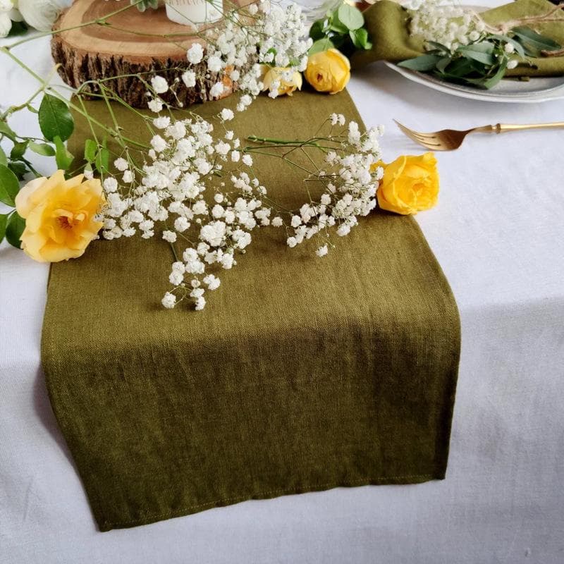 French Linen 100% Stone Wash Table Path Custom Luxury Pure Color Tea Table Runner Western Dining Table Decoration Accessories 40x180cm olive green