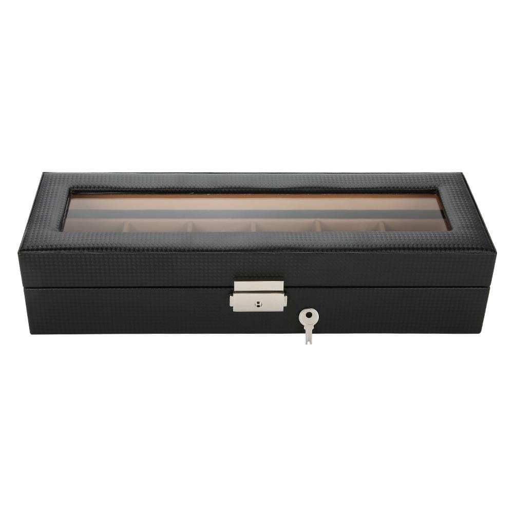 6 Grids Carbon Fiber PU Leather Watch Holder Wristwatch Display Case Storage Box Organizer
