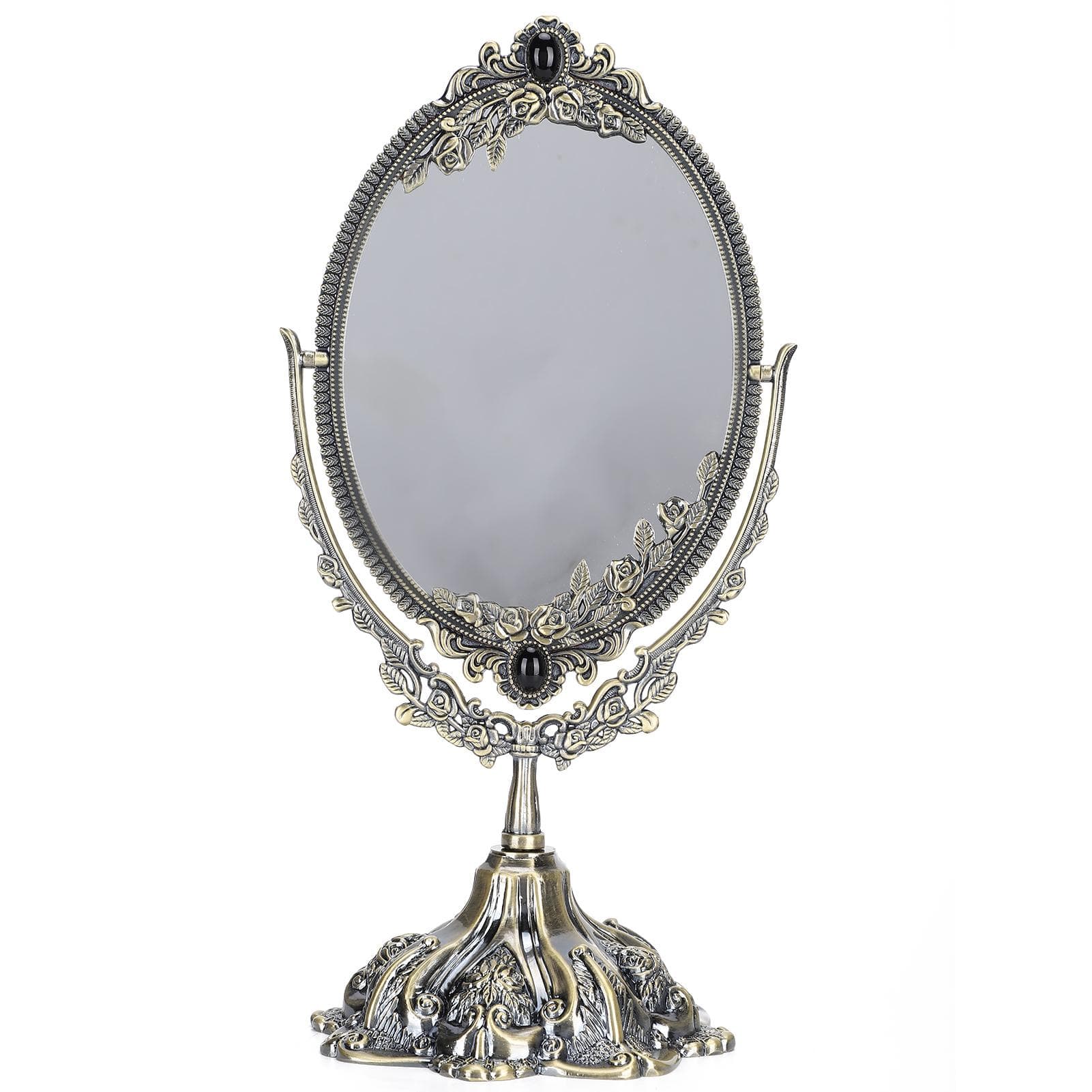 Vintage Double Face Mirror Retro Zinc Alloy Table Makeup Mirror Embossed Frame Makeup Tool