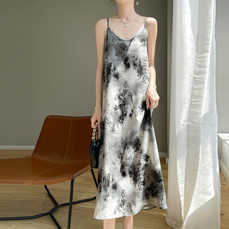 Women's Summer Long Emulated Silk V-neck Design, Silky Satin Ink Painting, Acetate Satin Suspender Skirt XXL