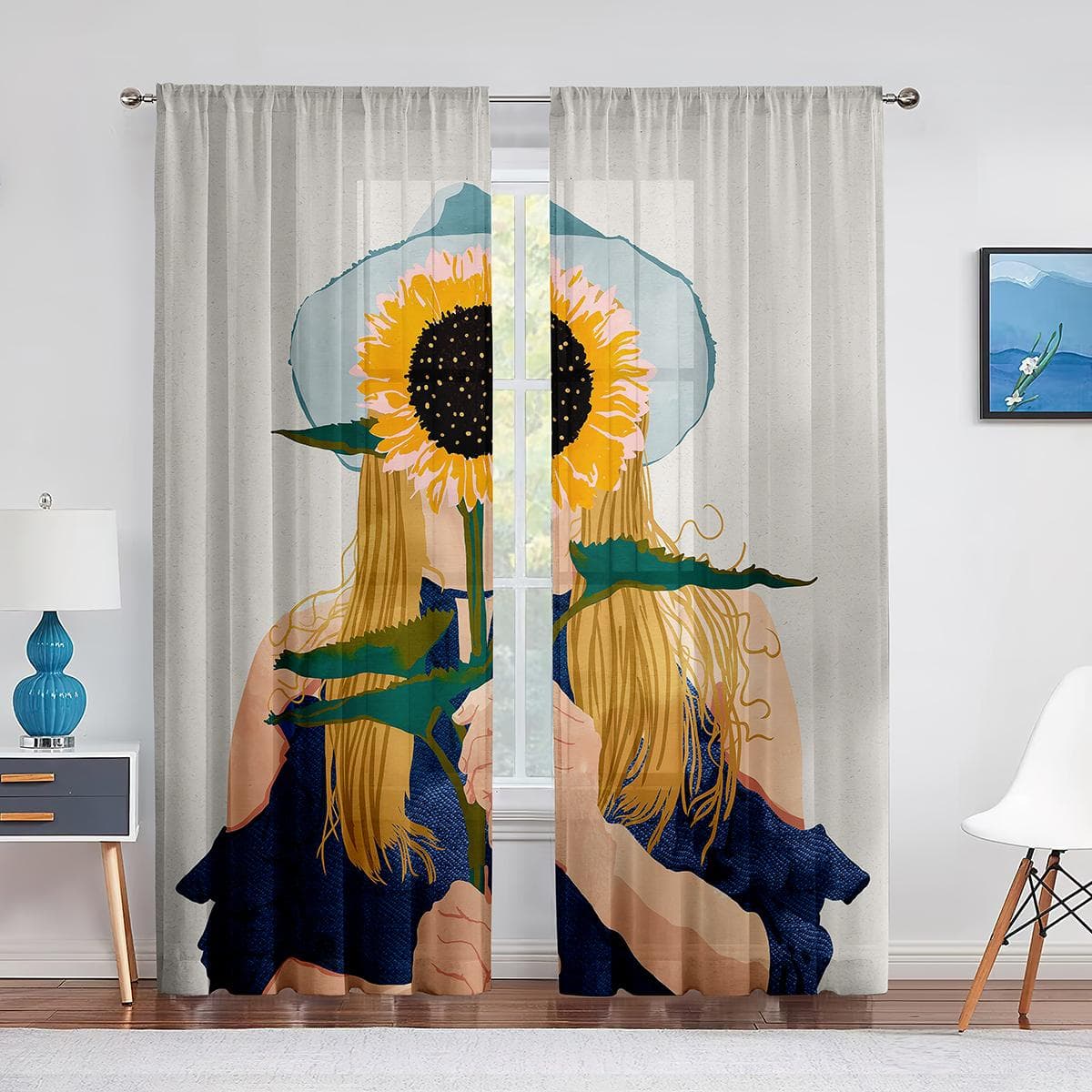 African Women Back View Window Tulle Curtains Afro Lady Boho Theme Sheer Voile Curtain for Living Room Bedroom Modern Decoration 1 PCS W100XH250cm&Grommet Top