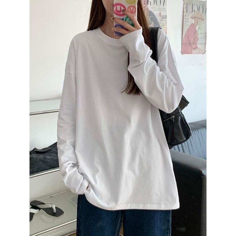New Spring Long-sleeved T-shirt for Women's Loose White Cotton Base Shirt Spring Underwear Top Pure White T-shirt XXL white