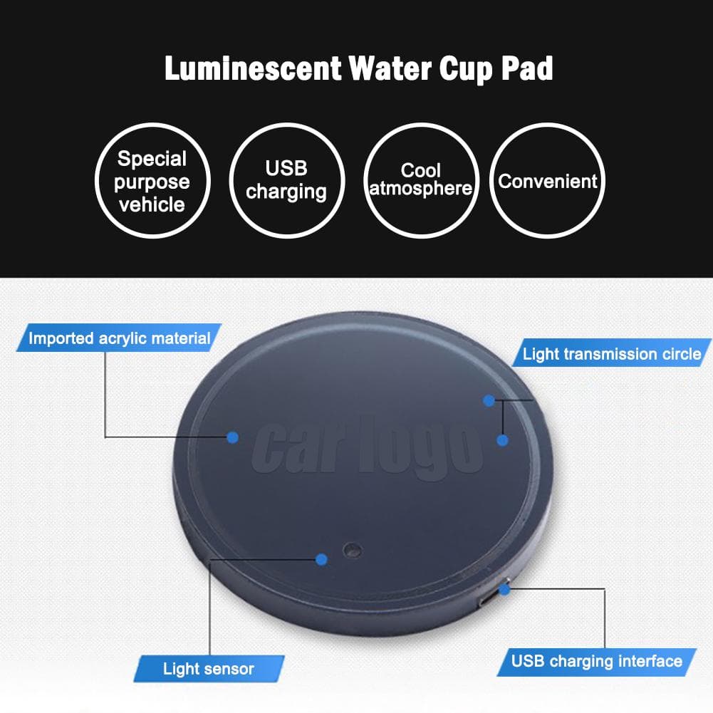 2Pcs LED Car Logo Cup Holder Pads 7 Colors Changing USB Charging Mats Bottle Coasters Car Lamps grey