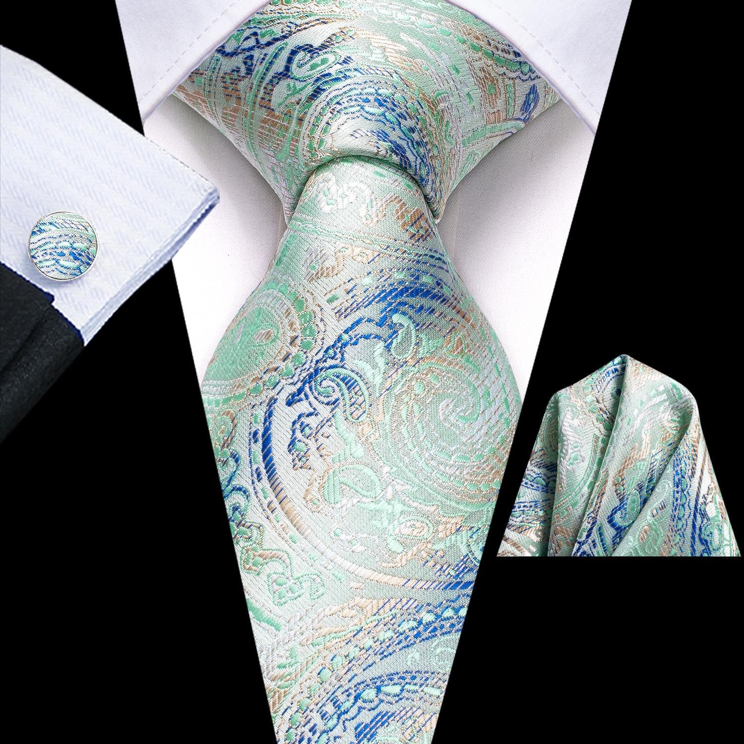 Hi-Tie Mens Accessories Silk Tie Handkerchief Cufflinks Set for Wedding Party Floral Solid Necktie N-3487