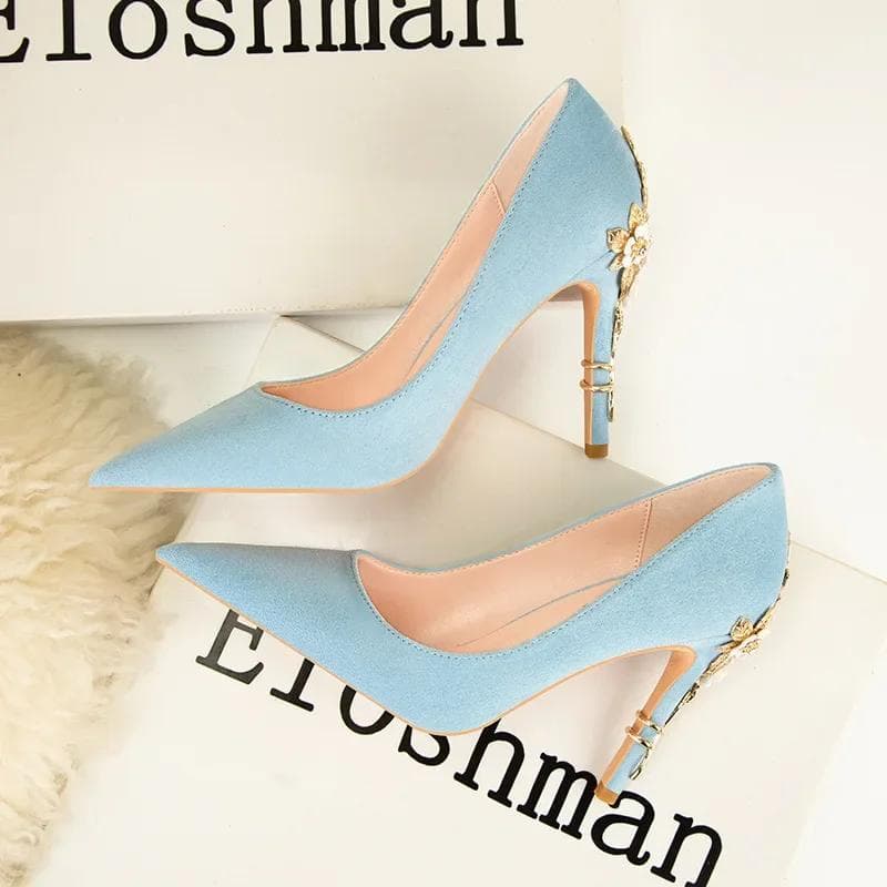 High End Metal Flower High Heels New European American Fashion Luxury Sexy Pointed Women's Shoes Banquet Party Casual Shoes 35 sky blue
