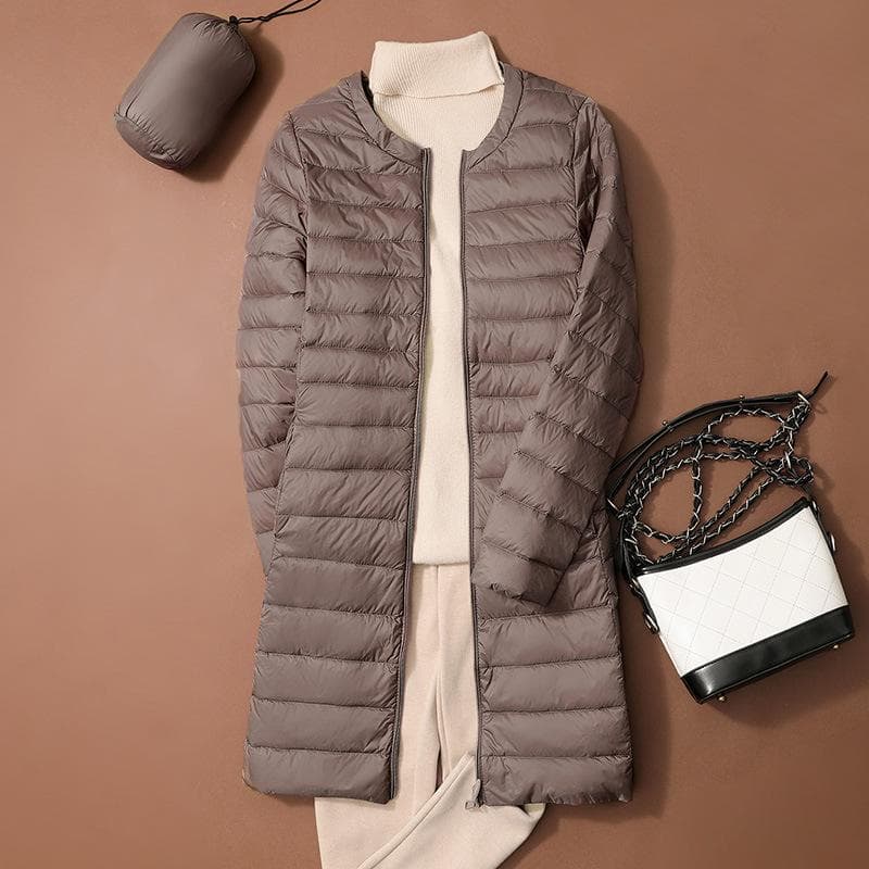 Autumn Winter Ultralight Women Long Duck Down Coats Korean Style O-Neck Feather Lining Collarless Puffer Outwear XXXL khaki