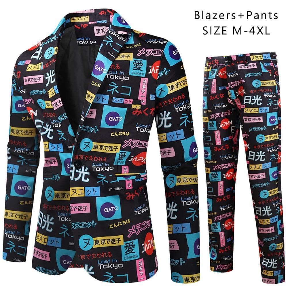Spring and Autumn Men's Casual Suit Suit Fashion Men's Digital Printing Suit Two Piece Set L