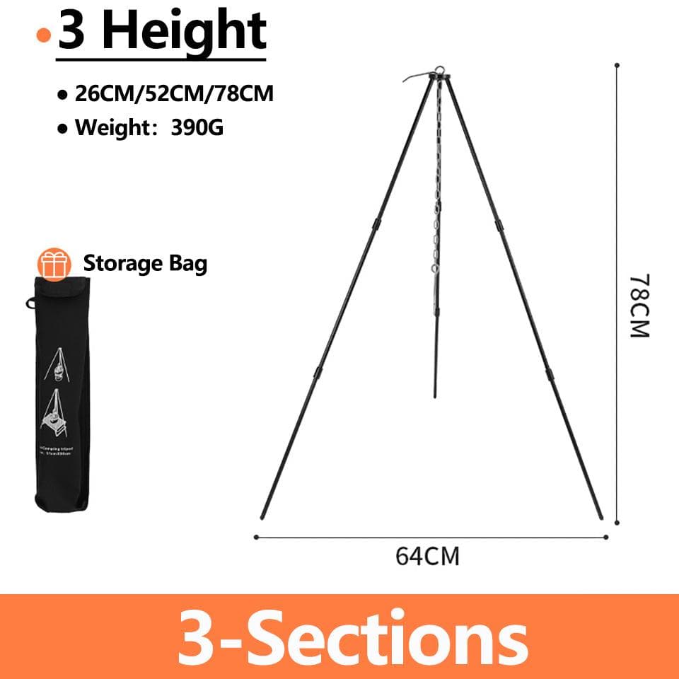 Camping Campfire Tripod for Hanging Pot Outdoor Cookware Picnic Cooking Pot Grill Rack Barbecue Support Aluminum Alloy Tripod 3 Height-Black