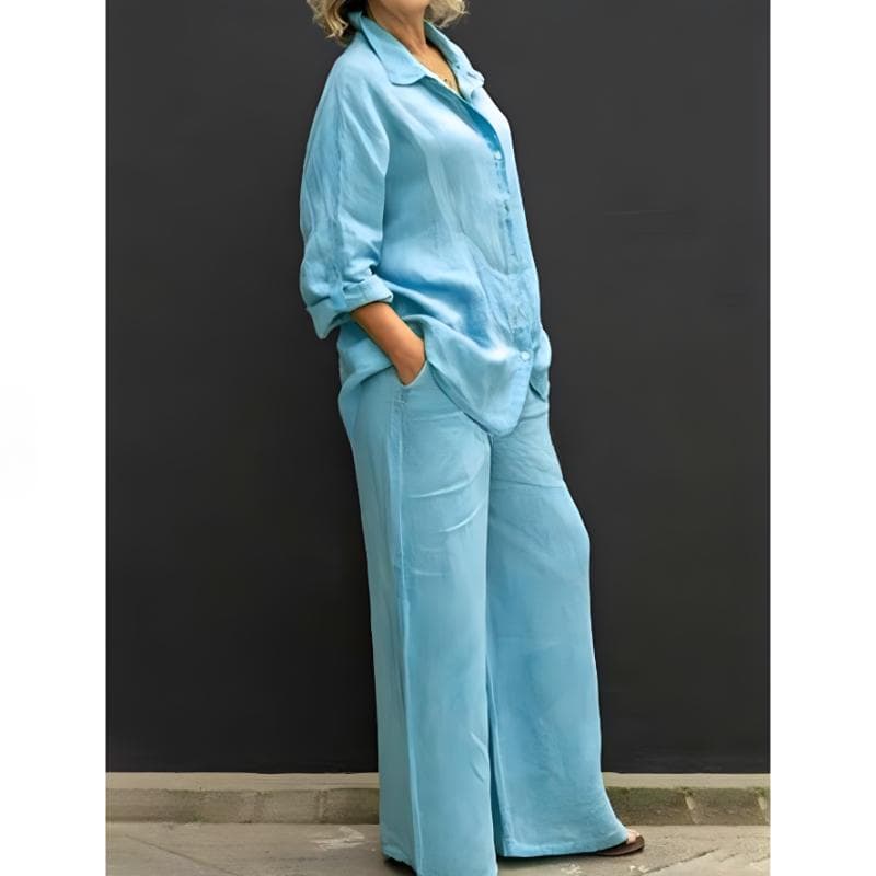 Women Linen Casual Shirt 2 Pieces Set Fashion Lapel Long Sleeve Button Blouse And Trousers Outfits Loose Wide Leg Pants Suits M sky blue
