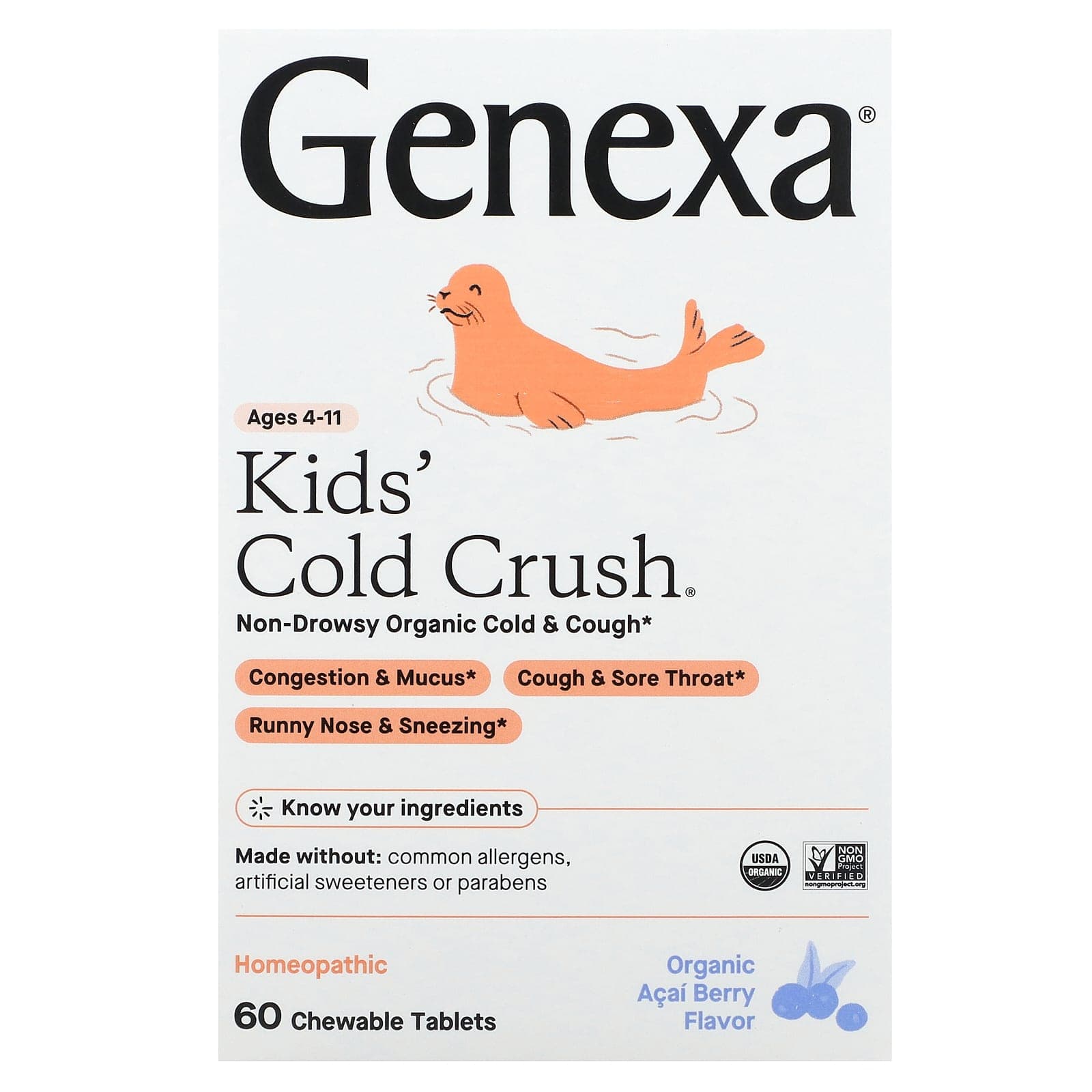 Genexa, Cold Crush for children, ages 4 to 11, organic acai berry, 60 chewable tablets