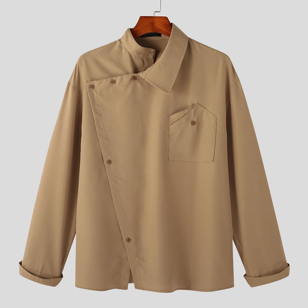 Men's Irregular Shirt Solid Color Stand Collar Loose Long Sleeve Casual Men Clothing Streetwear Fashion Male Shirts M khaki