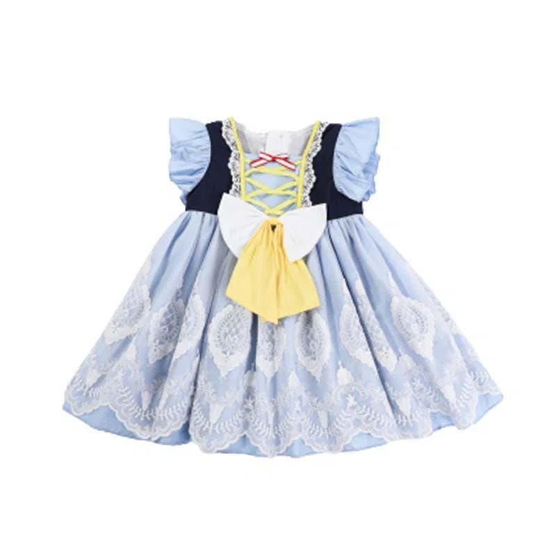 Girls Summer Blue Dress Lolita Baby Fairy Princess Dress Evening Dress Tutu Sweet Bow Lace Embroidery Waist A-Line Cake Dress 90 blue