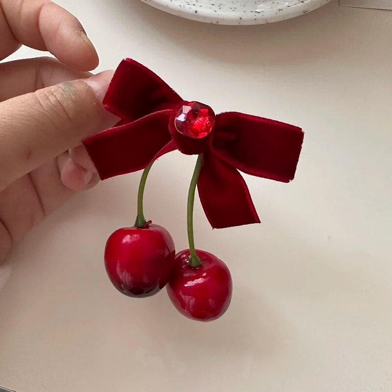 Korean Red Cherry Cloth Bow Hair Clip Sweet Girl Double Layer Lace Strawberry Side Barrettes Lolita Headdress Women Girls
