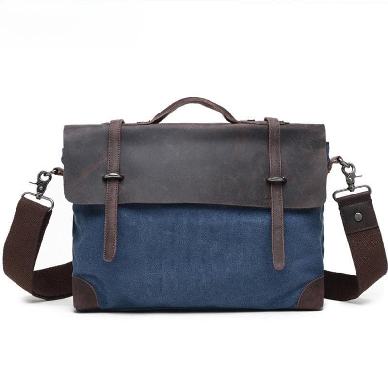 Vintage Canvas Shoulder Bag Casual Messenger Bag Pull Strap Buckle Briefcase Computer Bag blue