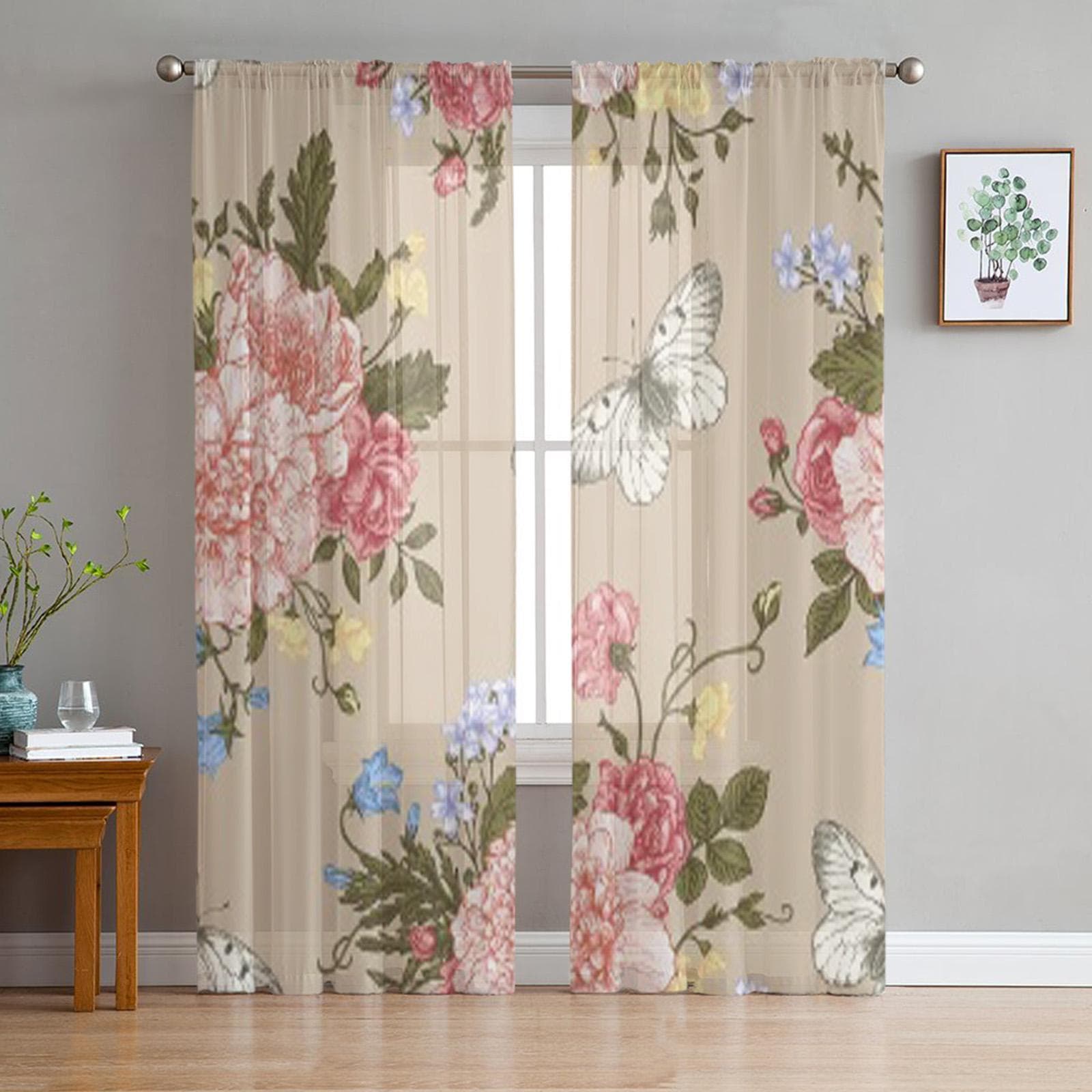 Floral Bouquet Of Colorful Flowers Chiffon Sheer Curtains for Living Room Bedroom Kitchen Decoration Window Voiles Tulle Curtain 135W x 114H(cm)