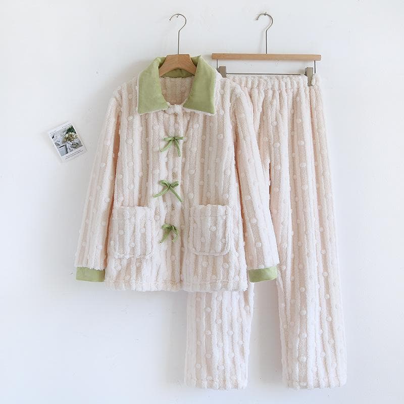 Women Flannel Thick Sleepwear Loose Casual Coral Fleece 2PCS Pajamas Winter Solid Color Chinese Style Nightwear Loose Loungewear XL white