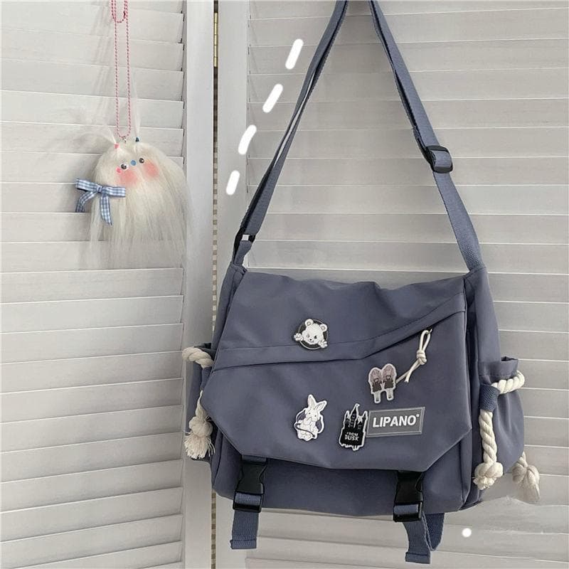 Nylon Handbags Shoulder Bag Large Capacity Crossbody Bags for Teenager Messenger Bag Student School Bags with 4 badges blue