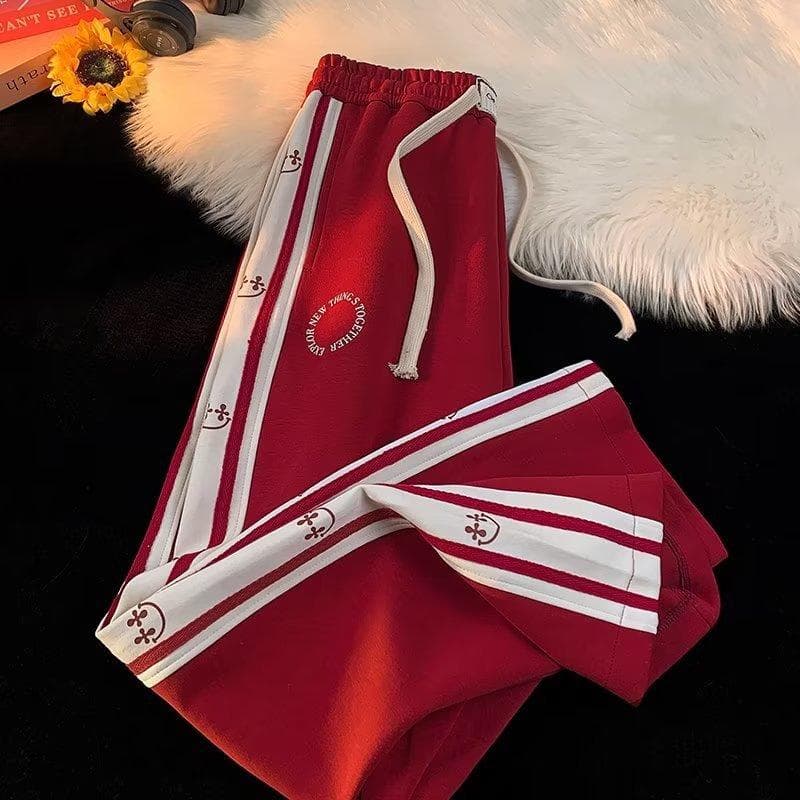 Striped Sweatpants Men's Spring Summer High Street Hip Hop Trend Straight Loose Wide Leg Casual Pants M red