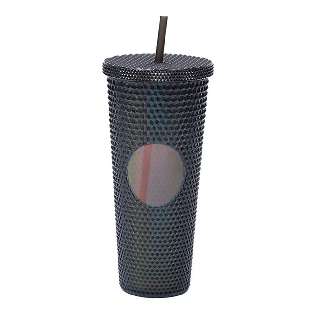 710ML/24OZ Large Capacity Water Cup Fully Studded Matte Tumbler Reusable Plastic Cup with Wide Opening Leak-Proof Lid Straw transparent black
