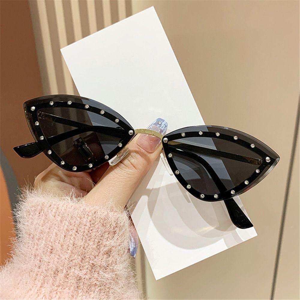 Rimless Cat Eye Sunglasses Stylish Multicolor Gradient Women Shades Trendy Vintage Eyewear with Rhinestones