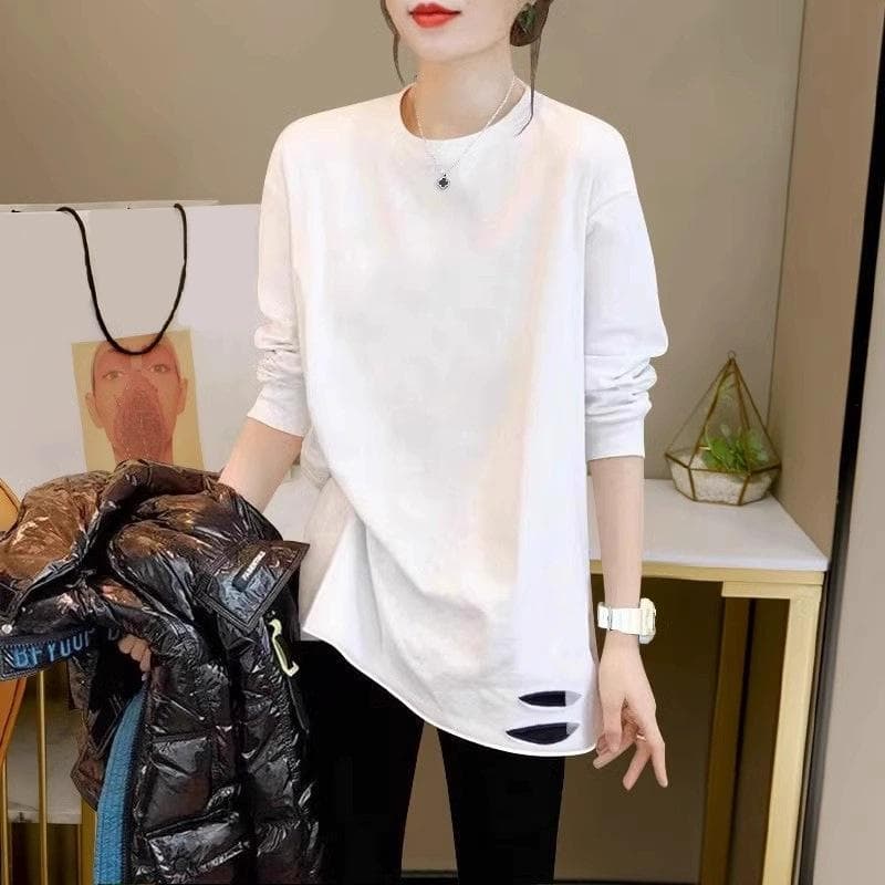 Early Autumn New Mid-length White Bottoming Shirt for Women Loose Inner Layered Pure Cotton Long-sleeved Top with Shark Pants XXL