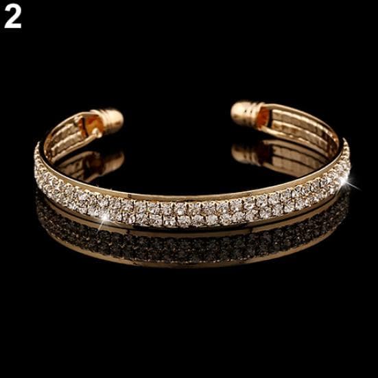 Lady's 2 Rows Crystal Rhinestone Bangle Wristband Cuff Open Bracelet Jewelry