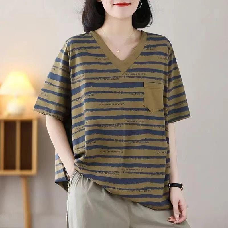 Large Size Striped Fashionable Short-sleeved Women's V-neck Casual and Versatile Loose Flesh Covering To Make Them Look Slimming T-shirt for Women 5XL